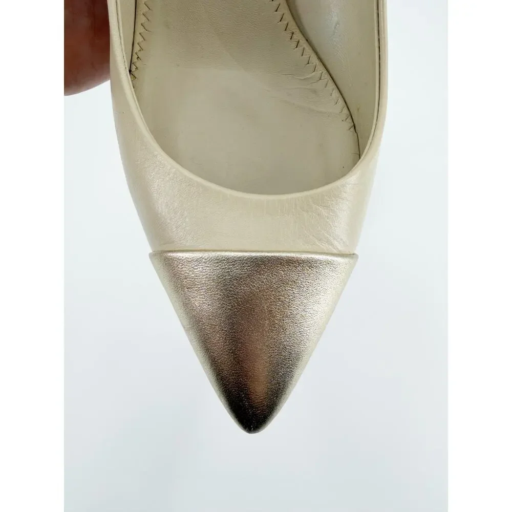 Chanel White Lambskin Leather Gold Cap Pointed Toe Kitten Heels Pumps 41 CC